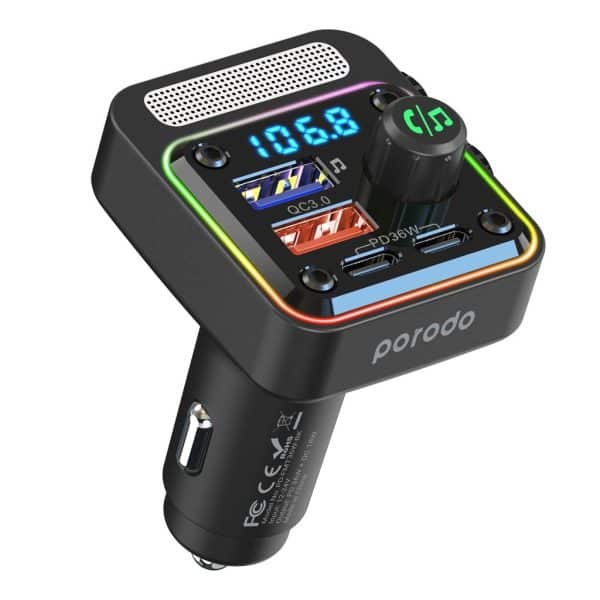 شارژر فندکی و پخش کننده بلوتوث پرودو Porodo Quick-Charge FM Car Charger ( Dual USB-C & USB-A )