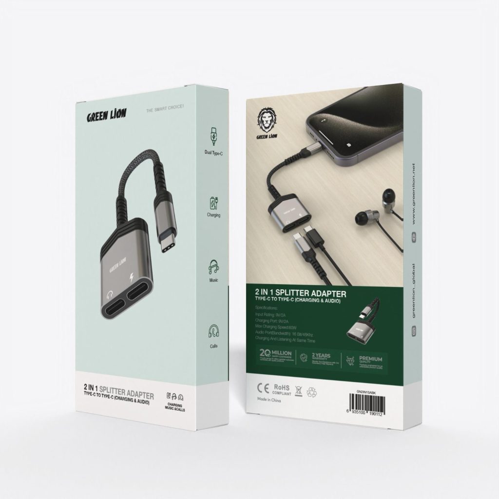 آداپتور اسپلیتر 2در1 صوتی و شارژ گرین Green 2in1 audio&charging splitter adapter